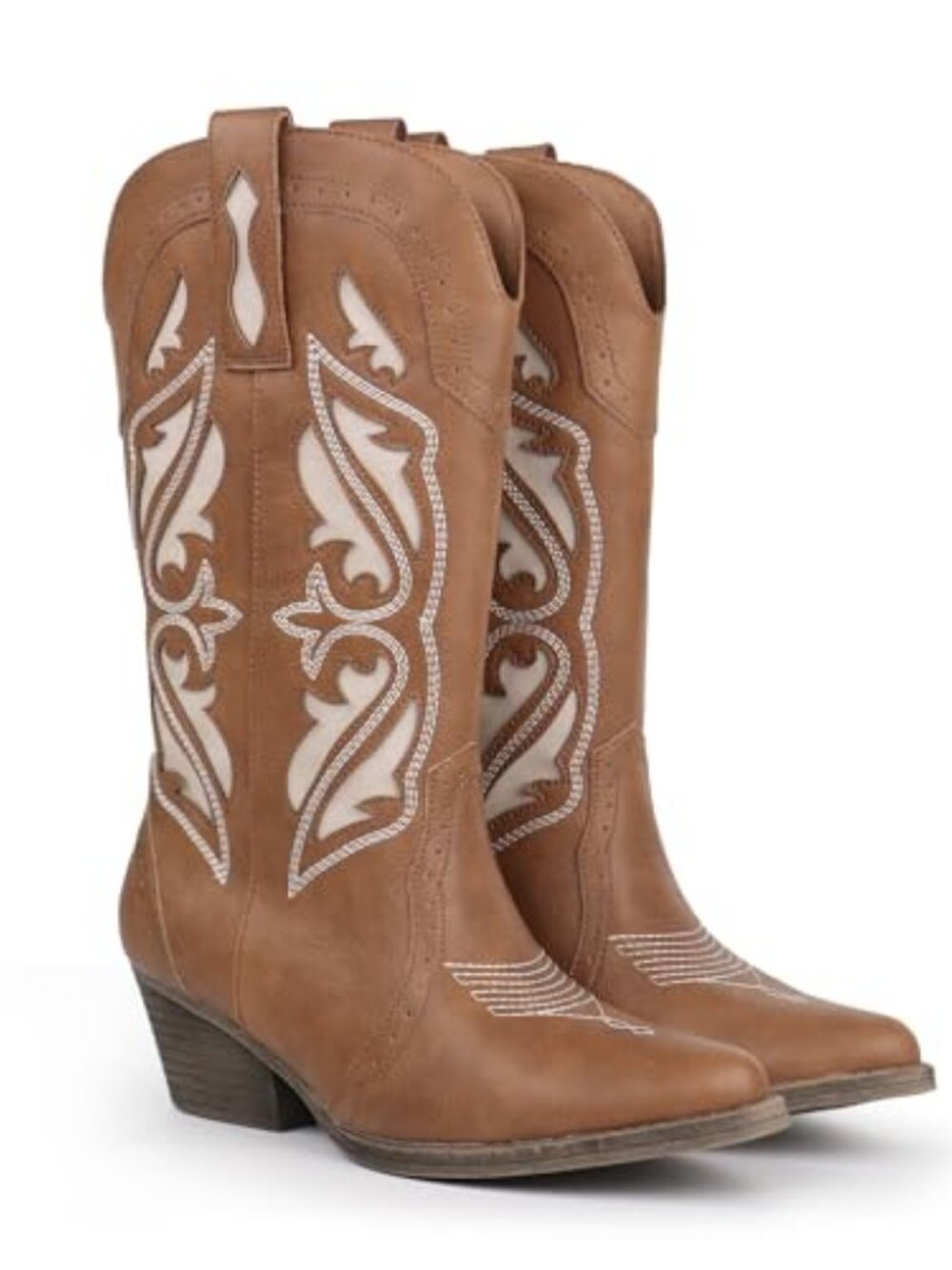 Women's Embroidered Stitched Mid Calf Cowboy Boots Pointed Toe Chunky Block Heel